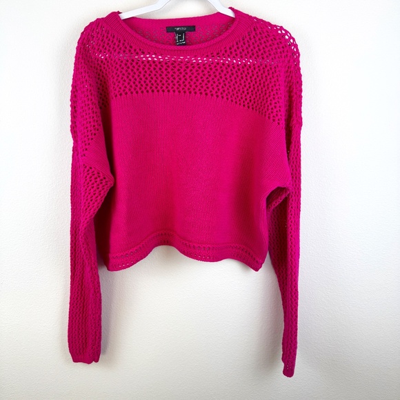 FOREVER 21 Pink Crochet Knit Pullover 1/2 Covered Sweater Fun / Size Medium - Picture 1 of 10